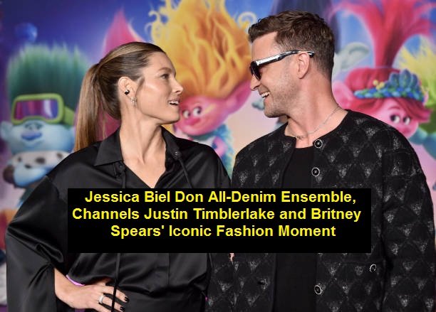 Jessica Biel Don All-Denim Ensemble, Channels Justin Timblerlake and Britney Spears' Iconic Fashion Moment